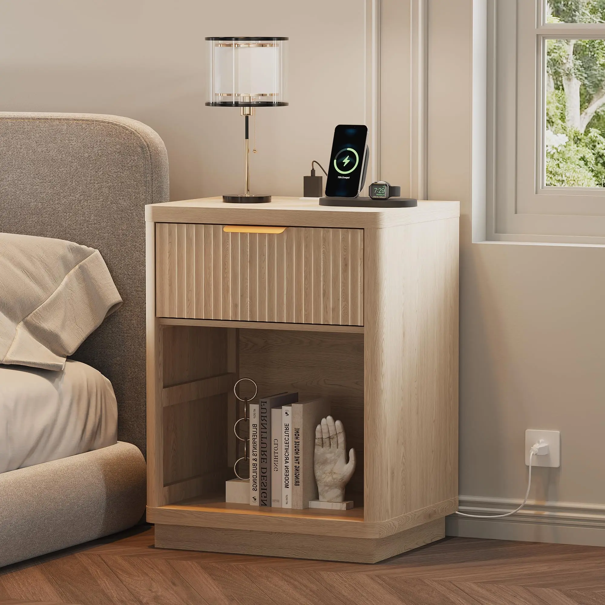 GAOMON Fluted Farmhouse Night Stand - Modern Mid Century Bedroom Accent Table with Charging Station, Drawers and Metal Handle, Modern Accent Table