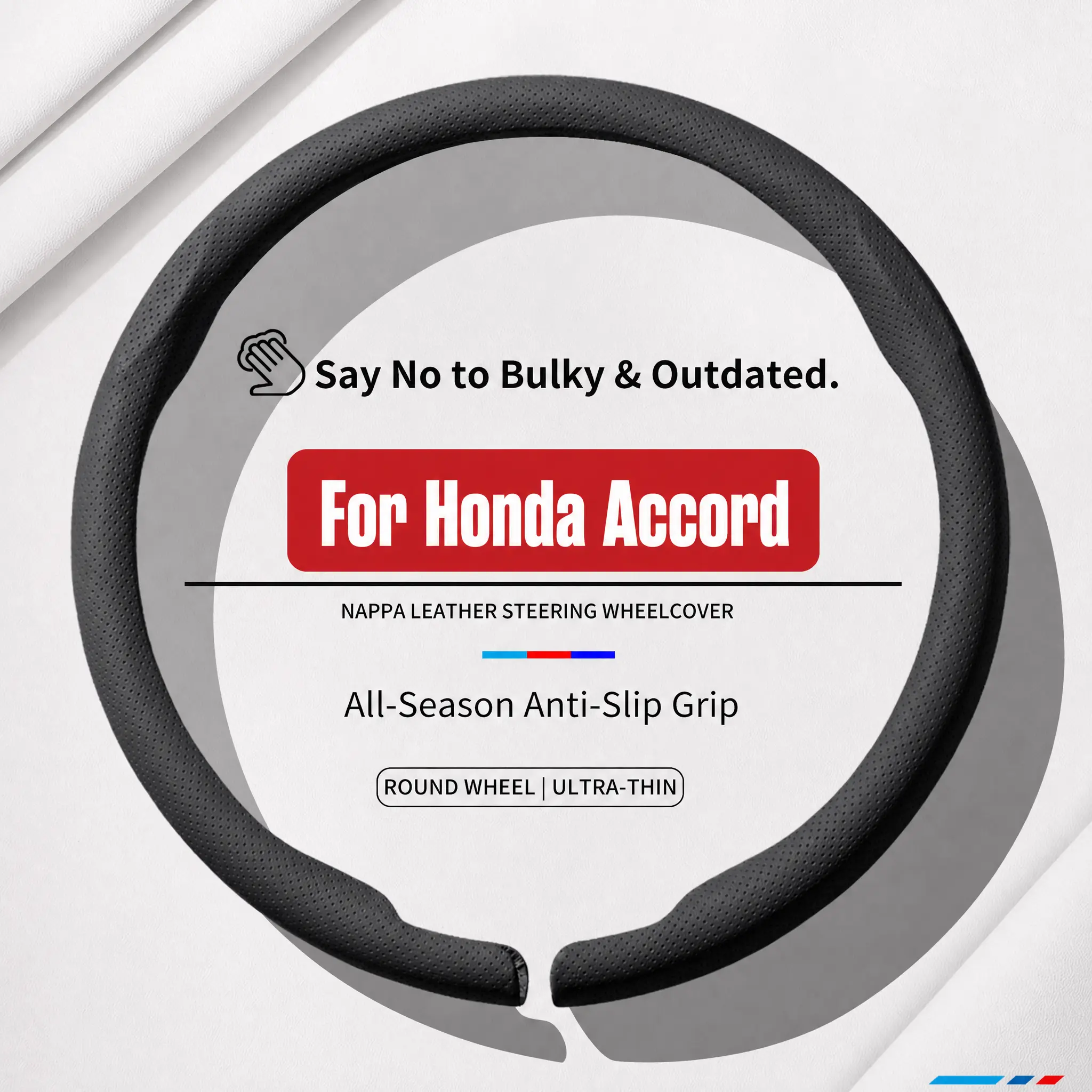 8D NAPPA Leather Steering Wheel Cover for Honda Accord, Snap-On Full Wrap Protector, Breathable All-Season Grip, Anti-Slip Design