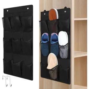 2 Pack 18 Pocket Wall Hanging Shoe Rack for Closet RV Shoe Storage with 8 Hooks over the Door Shoes Holder Organizer for Bathroom, RV, Pantry, Camping(Black)