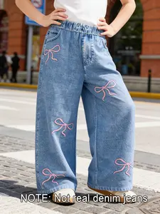 Girls' Vintage Faux Denim Imitation Jeans with Pink Bow Printed Light Blue Distressed Loose Straight Fit Denim Look Pants Faux Pocket Soft Woven Fabric Fashion Casual Trousers Light Wash Jeans