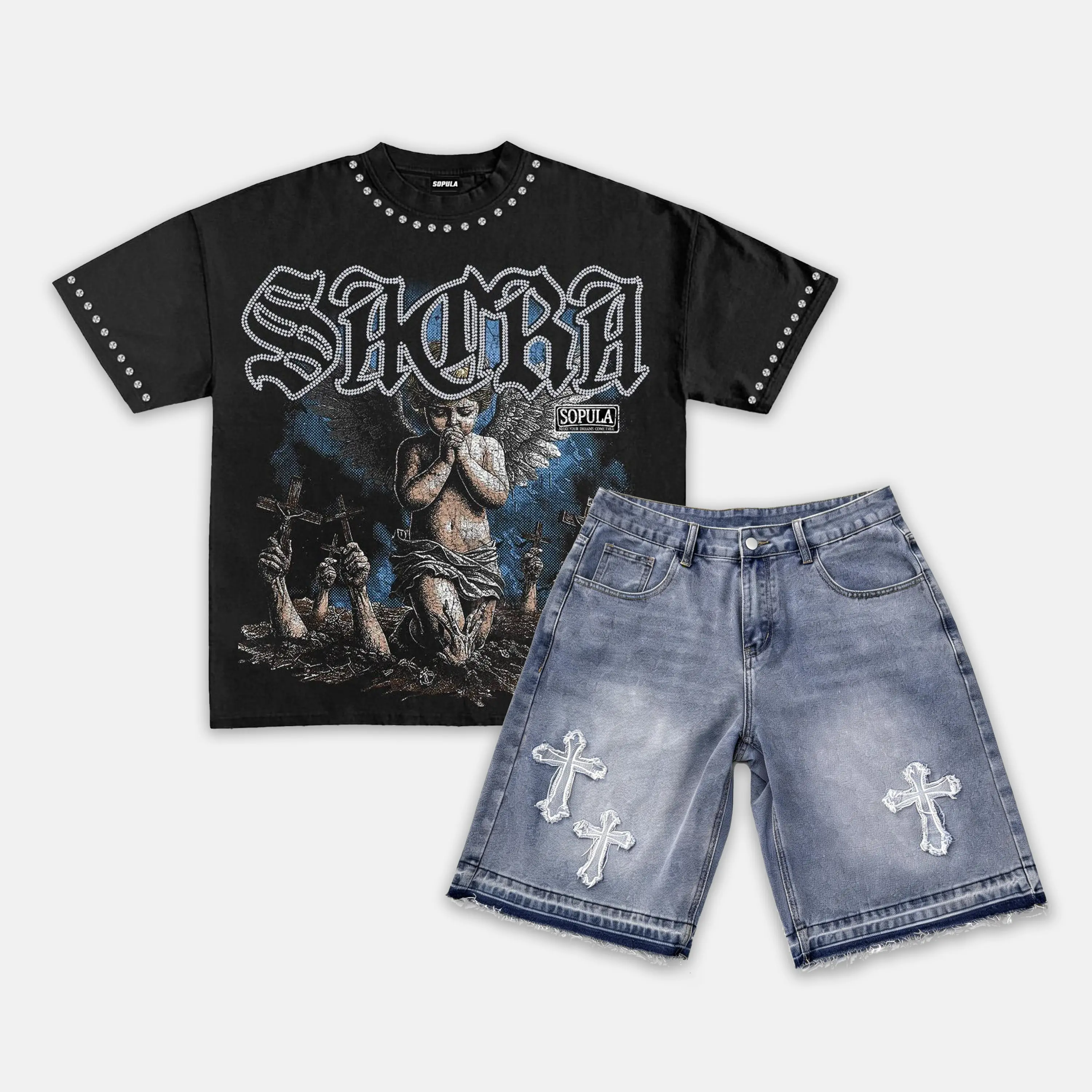 Sopula Studio Men's 2-Piece Matching Set - Short-Sleeve Angel Graphic T-Shirt & Criss Cross Embroidery Denim Jorts, Vintage Holiday Hiphop Streetwear Summer Jeans Outfit