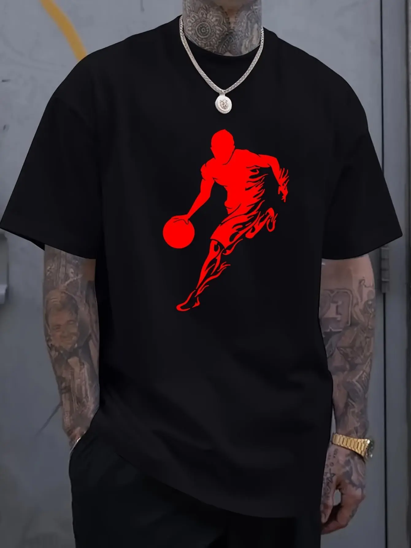 Men's Summer Crew Neck T-Shirt Comfortable Loose Short Sleeve Fashion Retro Casual Print - Men's Basketball Silhouette Printed T-Shirt, 100% Cotton Casual, Four Seasons Comfortable Fit Knitted Fabric Top, Large Size
