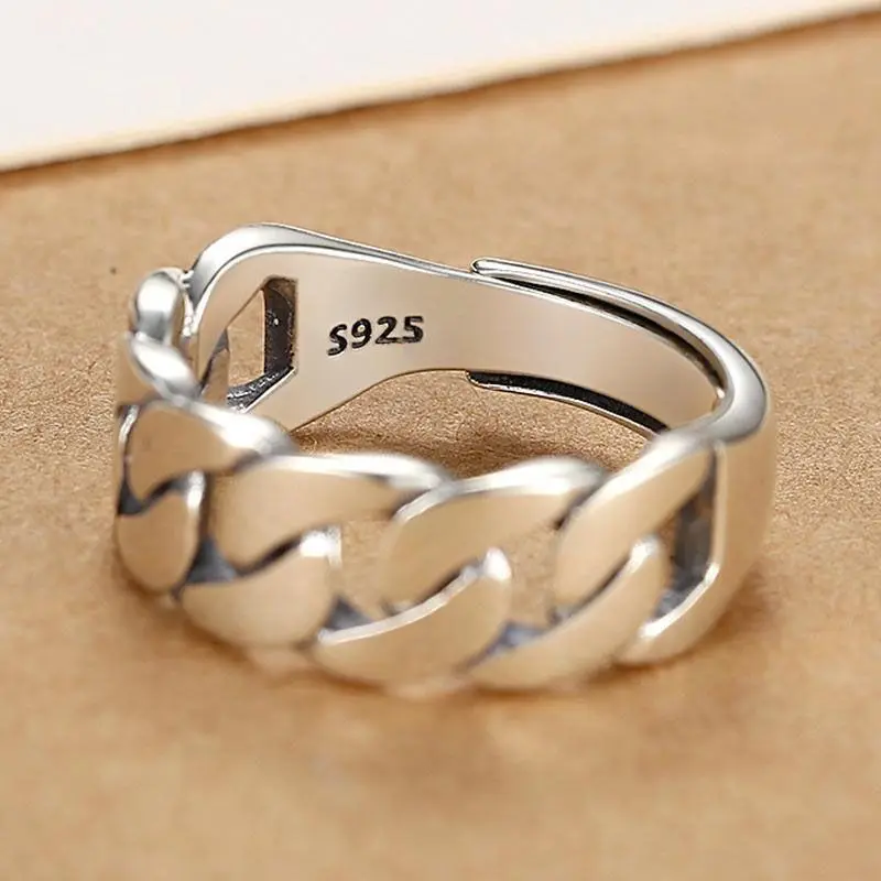 Sam Panda 925 Sterling Silver Rings For Women Men Fine Jewelry Finger Adjustable Open Vintage Chain Ring For Party Birthday Gift