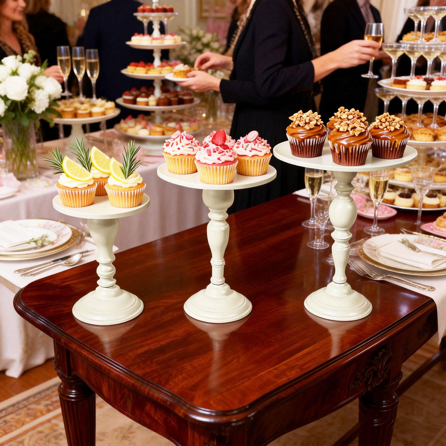 The appearance of the dessert table at the party features a 3-piece set of metal circular cake stands, arranged separately to fill the entire table. The wedding afternoon tea on the day of the wedding is absolutely stunning.  AI·