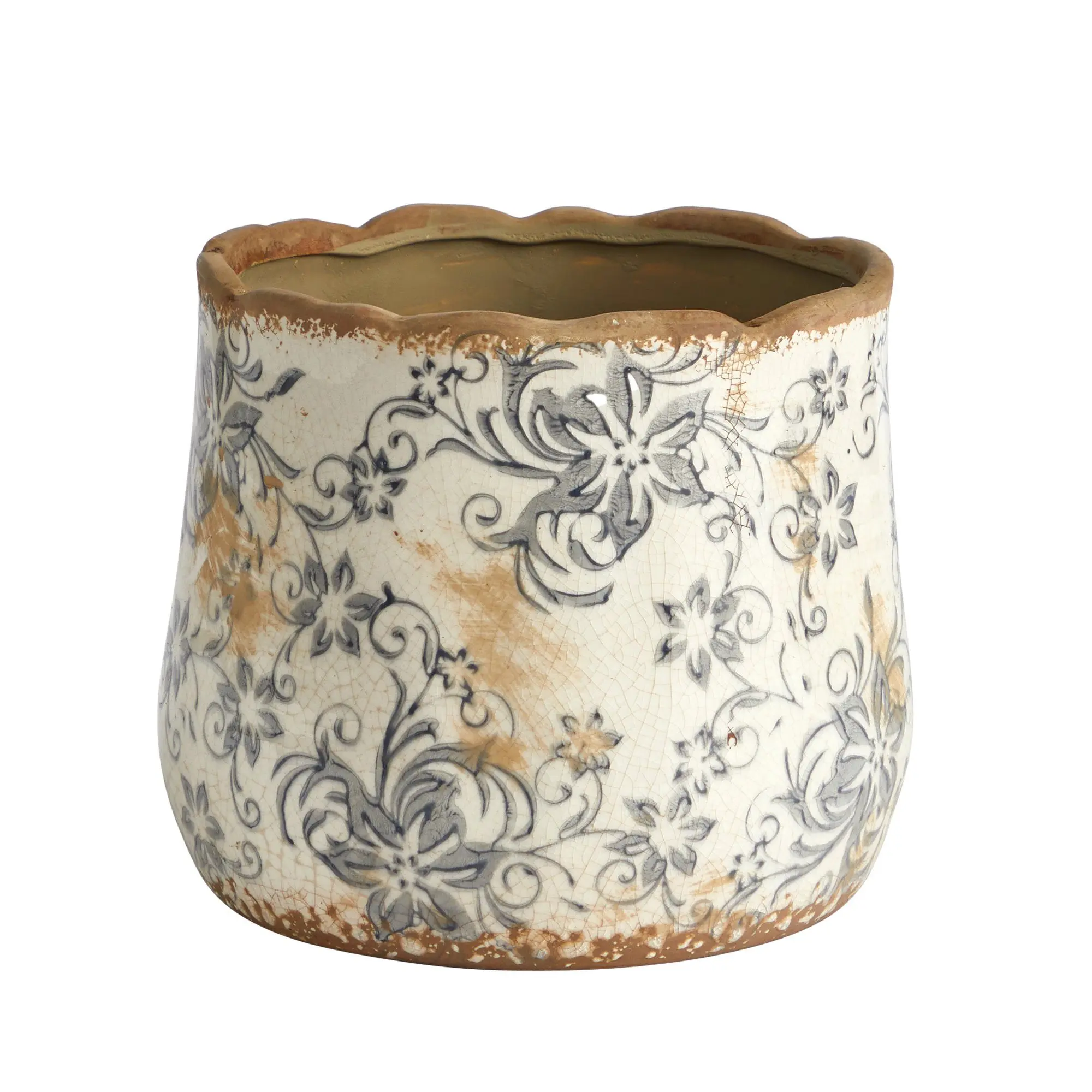 7 Inches Tuscan Ceramic Gray Scroll Planter, Artisanal Pottery Flower Pots for Plant Decor, Cozy Homey Vibes for DIY Arrangement