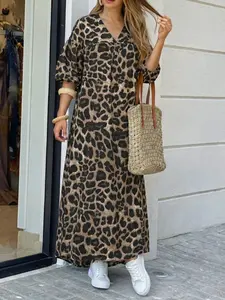 ZANZEA Women's Casual Boho Elegant V-Neck 7-Sleeve Lantern Sleeve Leopard Print Loose Fit Pockets Long Dress, All-Season Boho Style Womenswear 1-Piece Fashion Vneck
