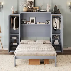 Full Size Murphy Bed, Wooden Full Wall Bed with 2 Wardrobe and Storage Shelf, Multifunctional Foldable Platform Bedframe for Guest-Room, Bedroom, 82.87 x 103.89 x 82.4 inches,The package will be shipped in 4 separate parcels