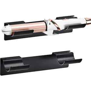 2 pcs wall-mounted curling iron holder and hair tool organizer with adhesive, multifunctional storage stand for hot flat iron and hair straightener, fits vanity cabinet and wall, black