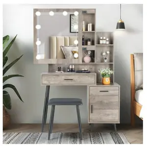 Lighted Vanity Table Set with USB Charging Station, Makeup Dressing Table with Sliding Mirror, Bedroom Vanities Set