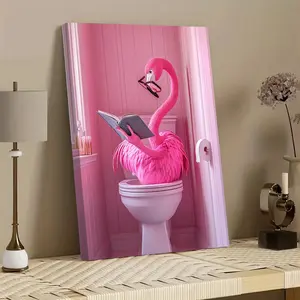 2D Flat Pink Flamingo Toilet Reading Canvas Wall Art - Modern, Humorous, Artistic Bathroom Decoration, High-Definition Print with Frame, Ready to Hang, Suitable for Living Room, Bedroom, Office - Unique Gift Idea, Fun Home Decor, Modern Style