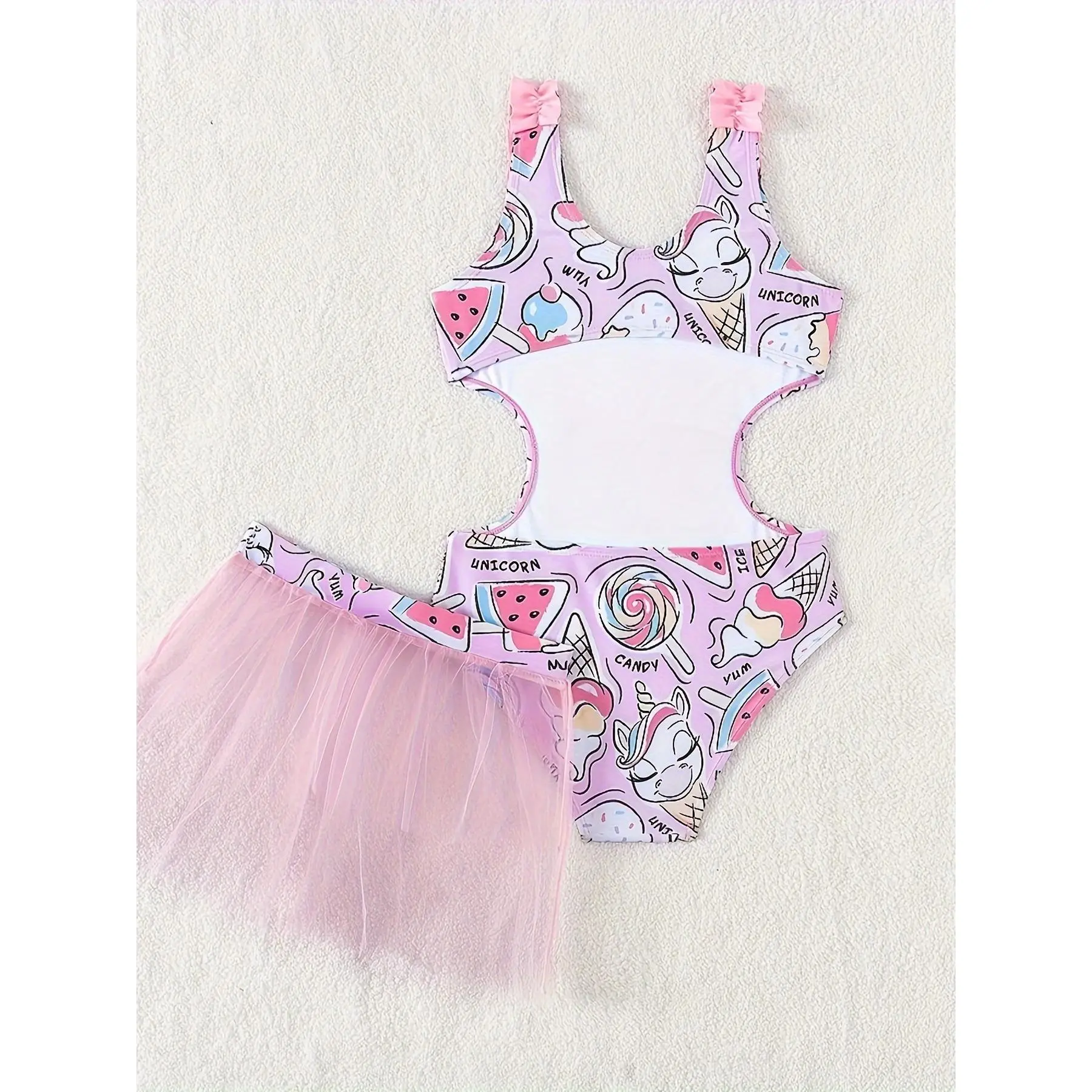 Toddler Girls 2Pcs Unicorn Candy Cutout Swimsuit, Bow Spaghetti Strap Allover Ice Cream Watermelon Print One Piece Bathing Suit Matching Pink Tulle Skirt Kids Beach Outfit # Girl Denim Overall Romper