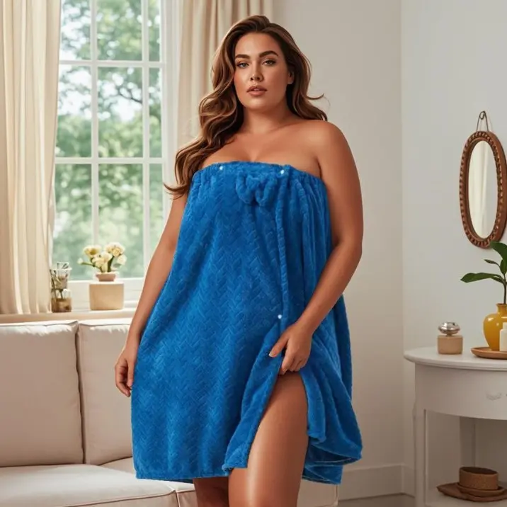 Plus-size blue bathrobe set, M-XXXXL. Includes shower cap and bathrobe. Adjustable size, soft and absorbent, suitable for bathroom, travel, and spa towel.