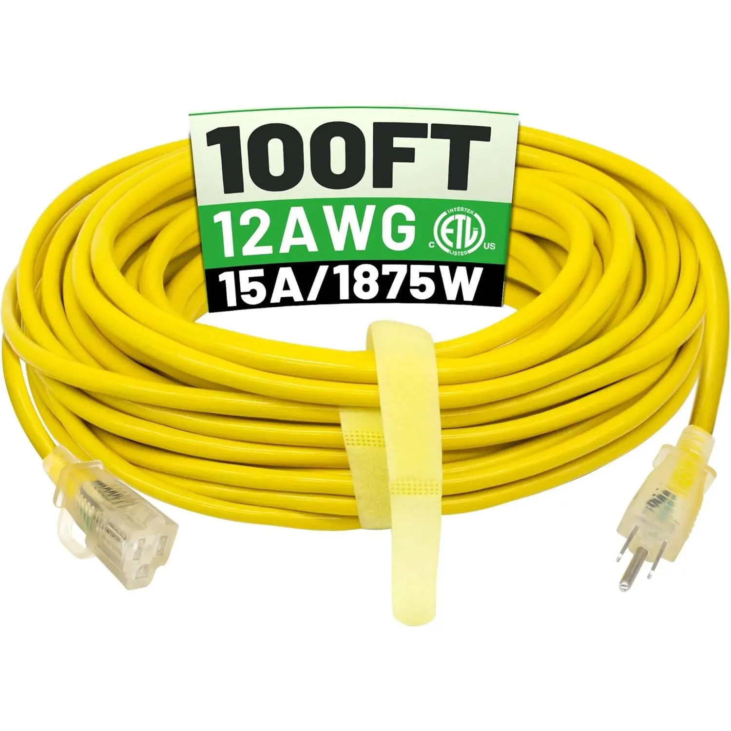 100 ft 12/3 Outdoor Extension Cord  Heavy Duty with Lighted  End 12 Gauge 3 Prong, Flexible Cold-Resistant Long Power Cord Outside, 15Amp 1875W SJTW Yellow ETL Listed