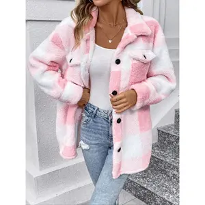 Women's Plaid Print Button Front Drop Shoulder Fuzzy Jacket, Casual Long Sleeve Collared Pocket Outerwear for Fall & Winter, Ladies Clothes for Daily Wear