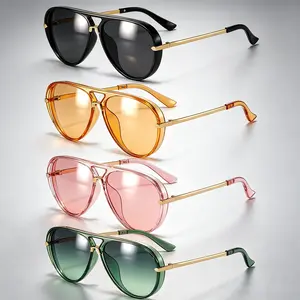 Unisex Retro Oversized Pilot Sunglasses With Double Bridge Metal-Acetate Frame and UV400 Protection for Beach Travel, Parties and Daily Wear