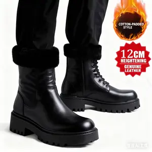 Men's Real Leather Chelsea Boots 12cm Invisible Lift Warm Fur Lined British Work Style Cotton-Padded Genuine Leather