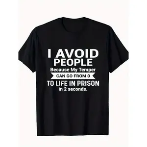 Men's Black Cotton T-Shirt - Cute "I Avoid People" Barba Graphic Short-Sleeve Top, Round Neck, 220g Regular Fit, Soft Breathable Knitting Stretch Fabric, Casual Sportswear for Casual Attire or Gym