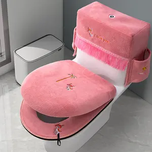 3Pcs Toilet Seat Cover Set Zippered Cute Animal Embroidered Soft Fleece Toilet Tank Lid Cover and Seat Pads