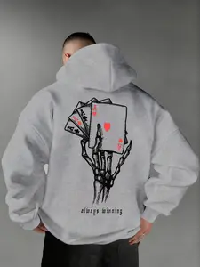 Men's Casual Loose-Fit Hooded Sweatshirt with Skull Poker Print, Thick Fleece Lining, Fall & Winter Fashion, Comfortable Daily Wear, Graphic Hoodies