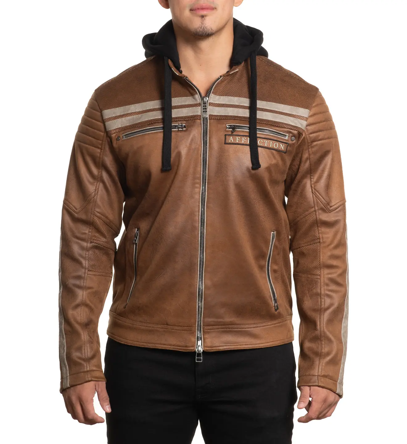 Affliction Men's Quickstrike Gothic Graphic Coat Jacket in Brown Faux Leather, Casual Adaptable Fit