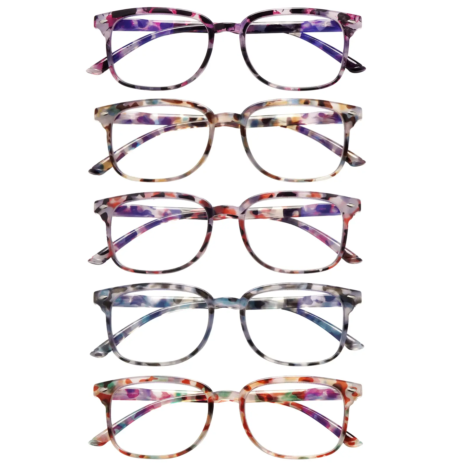 Women's 5-Pack Reading Glasses for Casual Wear, Adjustable Polycarbonate Frames with Spring Hinges and Blue Light Blocking Lenses, Eyewear Glasses