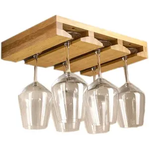 Wine Glass Rack Hangers Under Cabinet, Bamboo Wine Glasses Holders Under Shelf, Under Counter Wine Glass Holder for Home Kitchen & Bar Storage