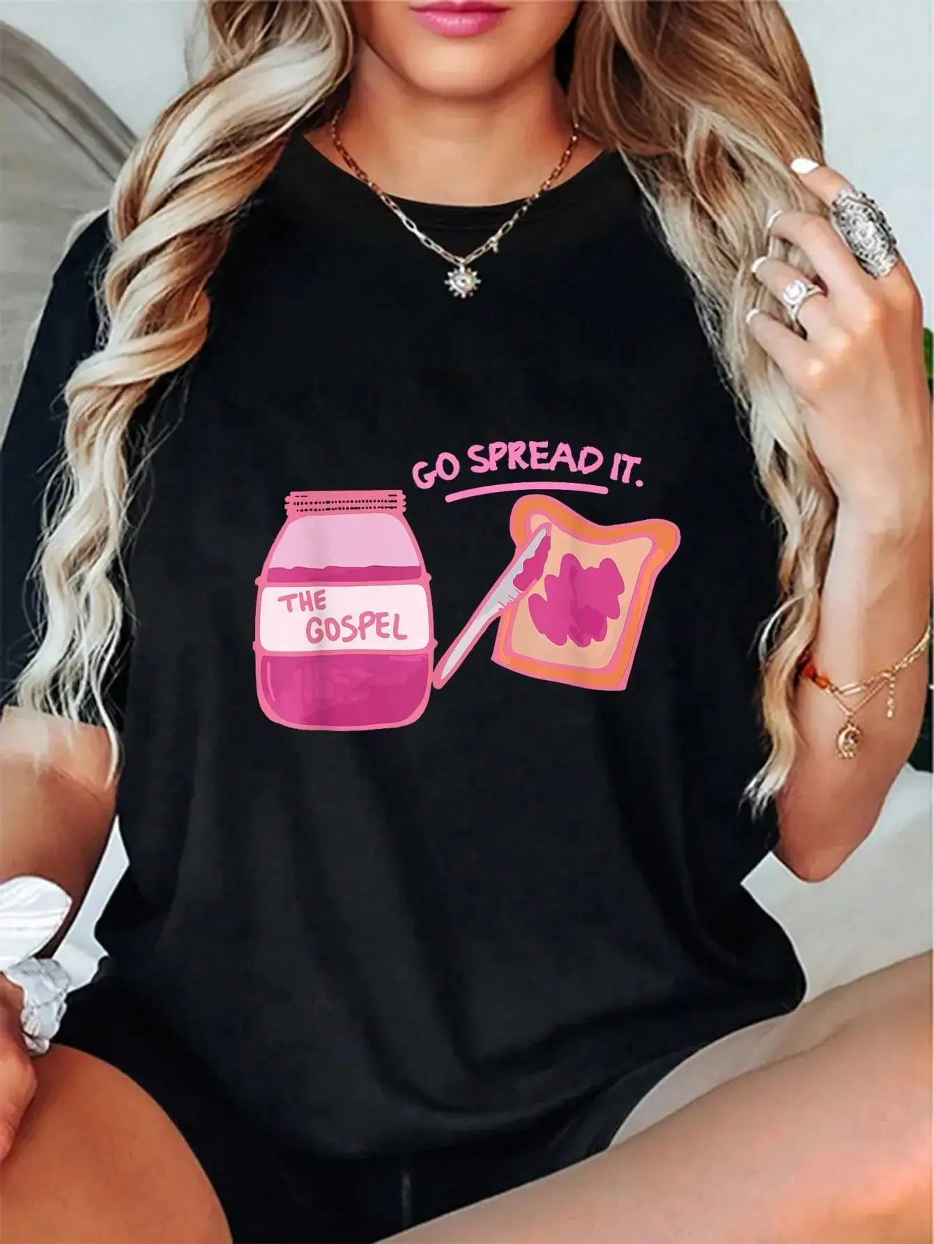 Women's 100% Cotton Short-Sleeve Printed T-Shirt, Breathable Fit, Unisex Gospel "Go Spread It" Funny Bread Jam Top, Shortsleeve, Tshirt