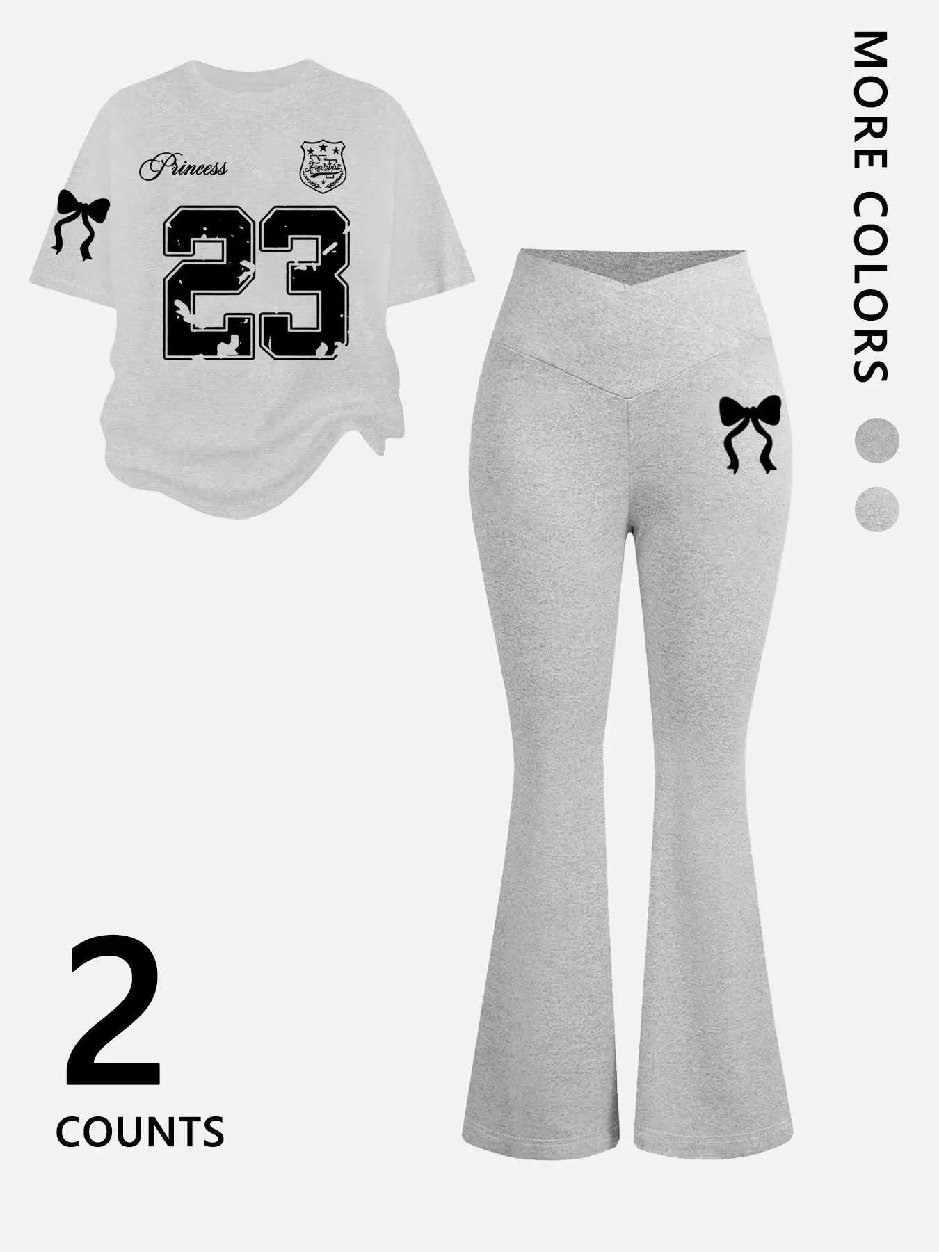 Sweet Cool Style Bowknot Set, Loose Fit Short Sleeve Top Bell Bottoms Two-Piece, Casual Home Wear, Vacation Clothing