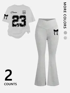 Sweet Cool Style Bowknot Set, Loose Fit Short Sleeve Top Bell Bottoms Pants Two-Piece, Everyday Casual Home Wear, Vacation Clothing Womenswear