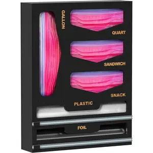 Bamboo Bag Organizer with Closure, 6 In 1 Drawer Foil and Wrap Dispenser with, bag for Gallon, Quart, Sandwich, Snack Black