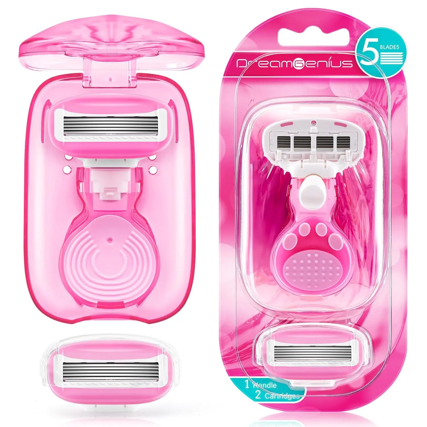 Travel Razors for Women - 5-Blade Extra Smooth Razor with 1 Handle & 2 Cartridges, Pink Wax Body Care Hair Removal Set with Storage Case