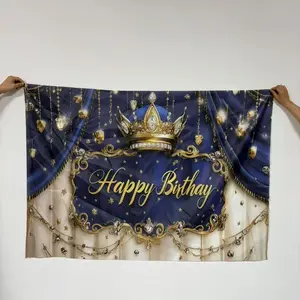 Crown & Curtain Pattern Happy Birthday Party Banner, 1 Count Multi-size Birthday Party Background Cloth, Indoor & Outdoor Decoration Supplies, Ornaments, Party Decorations Banners