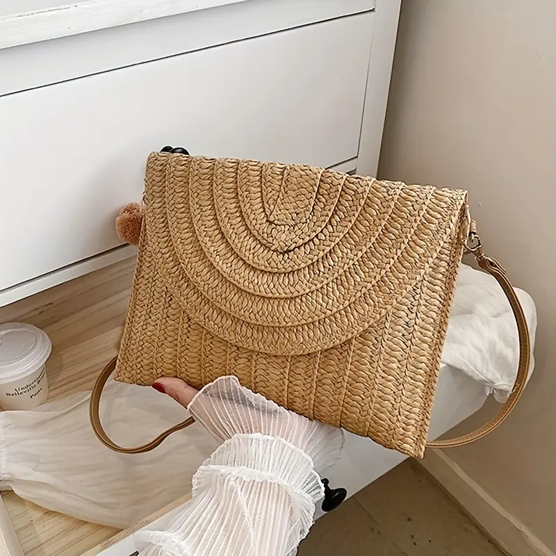 [Gifts for women] Elegant Handmade Straw Woven Women's Clutch - Summer Beach Travel Handbag with Detachable Shoulder Strap, Polyester Lining, and Scalloped Flap Closure in Khaki/Dark Brown/Cream, Casual Clutch|Halfcircle Handle|Sturdy Polye