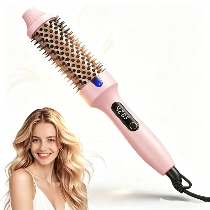 1.5-Inch Heated Round Thermal Brush - Multifunctional Keratin Ceramic Hair Tool with 6 Heat Settings, Negative Ions, Dual Voltage, 360° Tangle-Free Swivel Cord, Automatic Adjustment, LED, Frizz-Free Finish, Glossy Shine Boost, Ergonomic Handle, Hair Tools