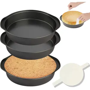 8" Round Cake Pan, 3 count Nonstick Cake Pans with 100 count  Paper, Carbon Steel Cake Baking Pans with Handle, Dishwasher Safe