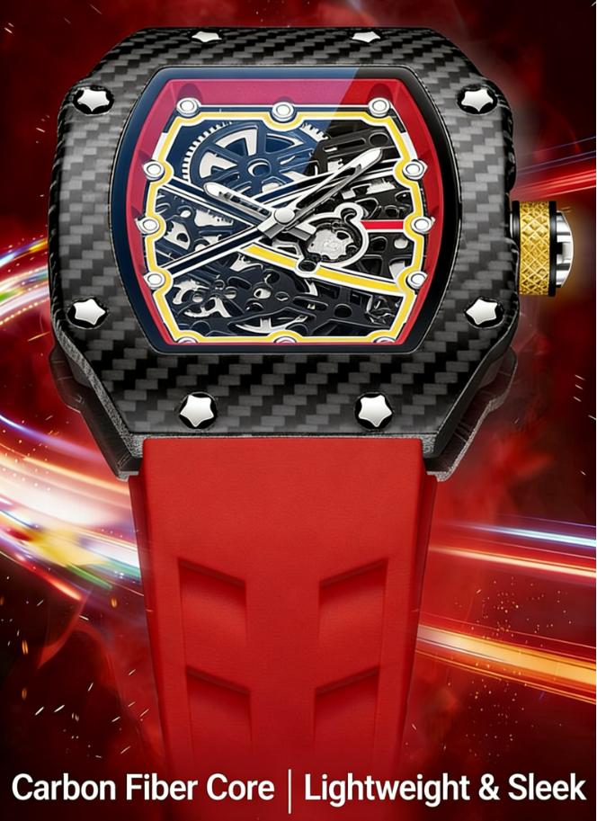 Fashion Skeleton Quartz Watch for Men, Carbon Fiber Design, Red Silicone Band, Perfect for Daily & Sports