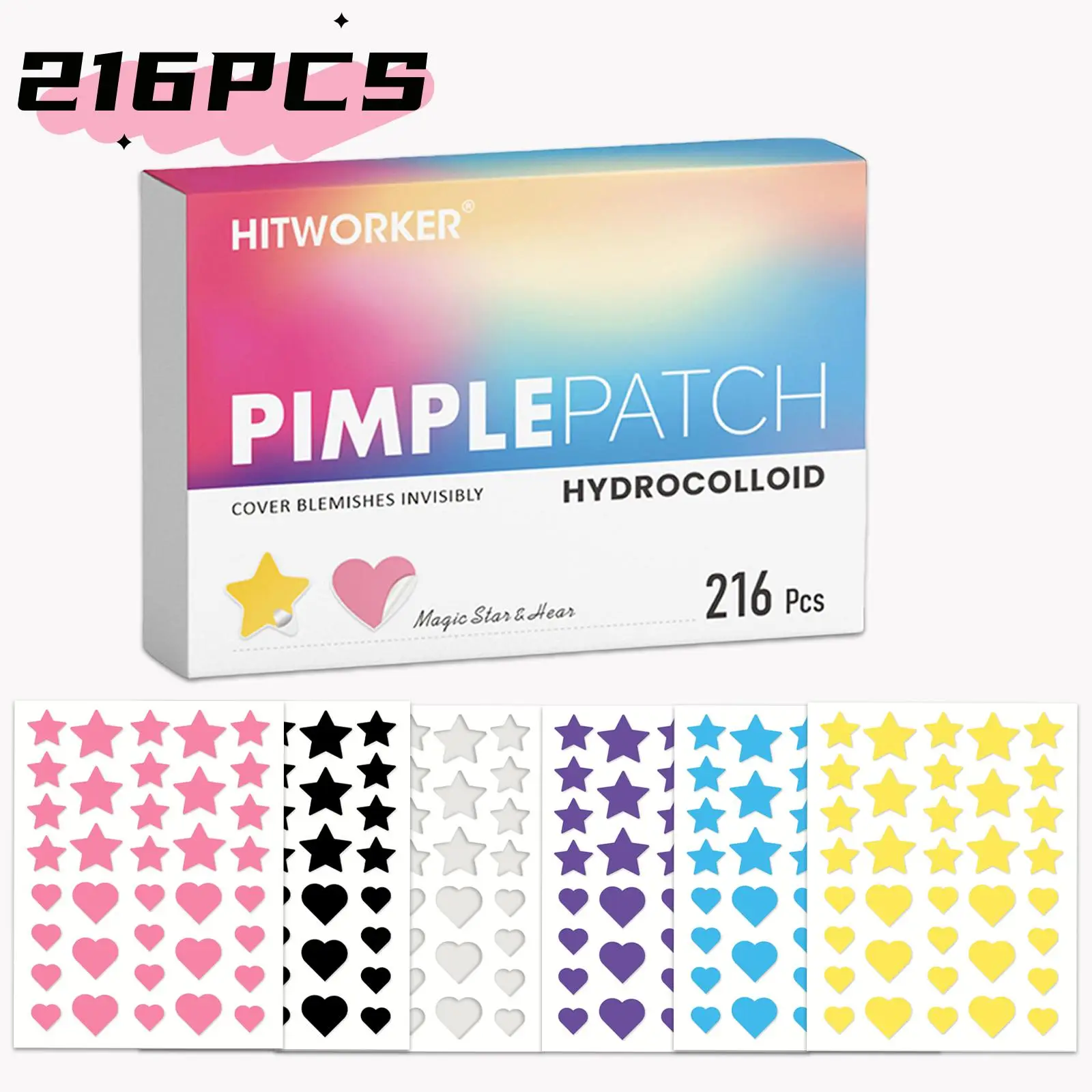 Star & Heart Shaped Hydrocolloid Pimple Patch, 216pcs/box Easy To Peel Acne Cover Sticker, Facial Skin Care Accessories for All Skin Types