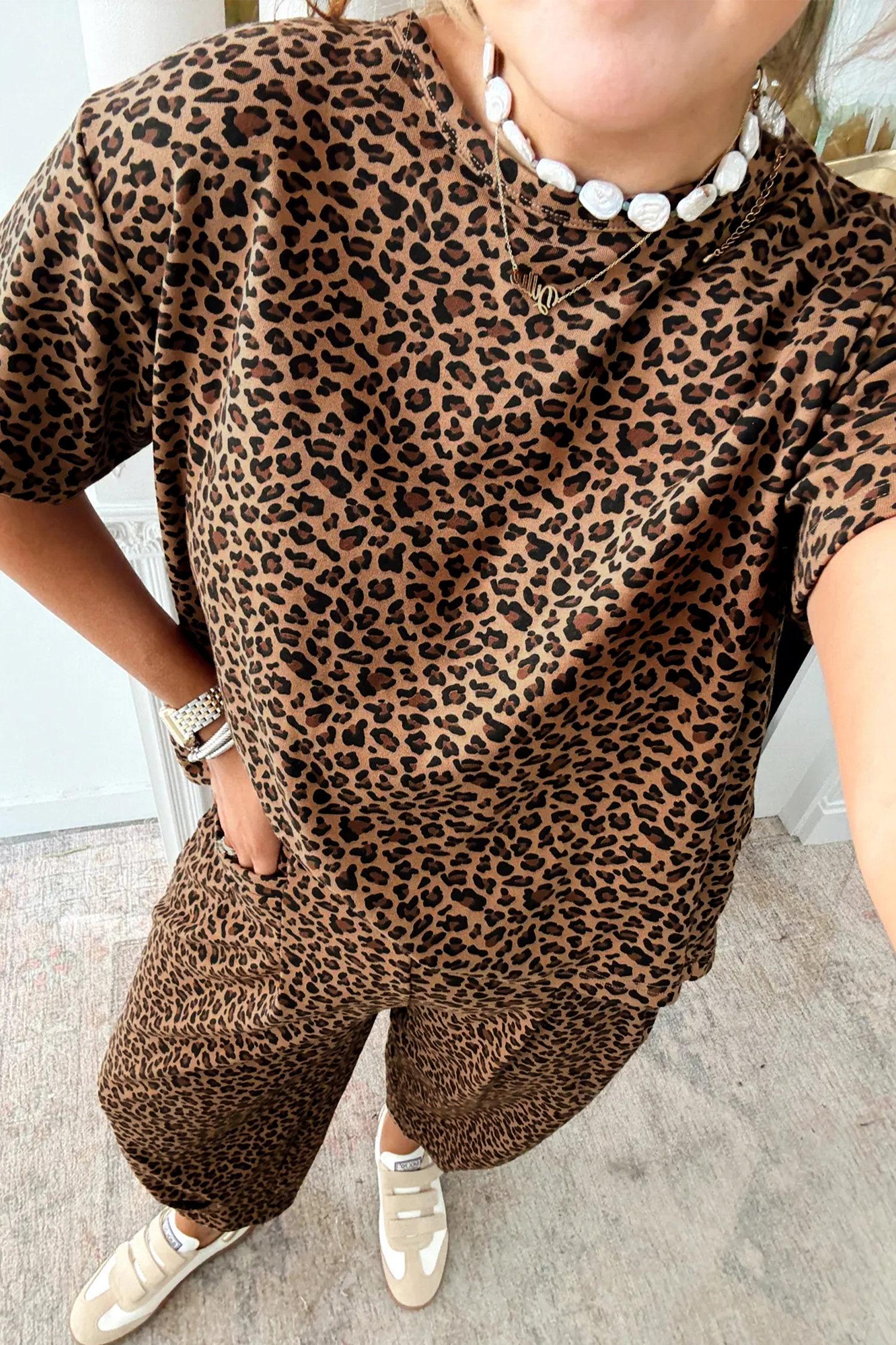 Mntaor Women’s Brown Leopard Print High-Low Loose Top & Ankle-Length Drawstring Pants Set Soft Casual Outfit for Everyday Wear Weekend Errands or Stylish Loungewear Pajama