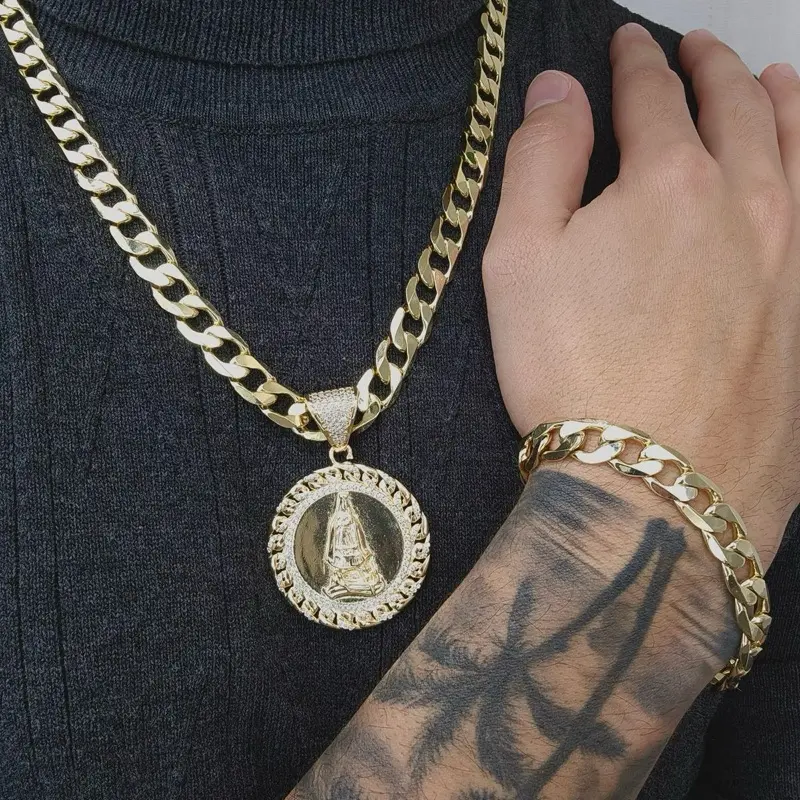 ViOrO 14K Gold Plated 10mm Cuban Link Chain with Bracelet and Zircon Virgen Maria Pendant for Dairy Use. Electro Laminated Premium Jewelry