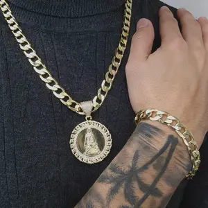 ViOrO 14K Gold Plated 10mm Cuban Link Chain with Bracelet and Zircon Virgen Maria Pendant for Dairy Use. Electro Laminated Premium Jewelry
