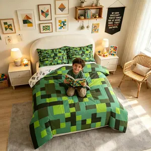 Pixel Grid Miners Bedding Set,Geometric Grid Patchwork Pixelated Comforter Set,Cartoon Gamepad Video Games Quilt Comforter Boys Teens,Cyan Green Room Decor All Season