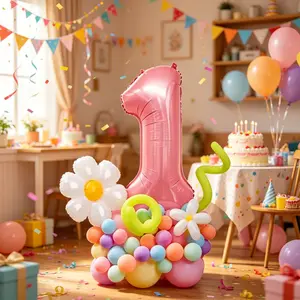 55pcs Korean Style Daisy Number Balloons Set, 32-Inch Pearl Color Numbers 0-9, Macaron Latex Balloons for Birthday Parties, Outdoor Decorations
