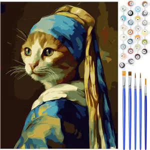 NiArt Paint by Numbers on Canvas for Adults and Teens - Unframed Oil Painting Kit with 10 Brushes and Acrylic Paint, 16x20 Inch (Pearl-Earring Cat)