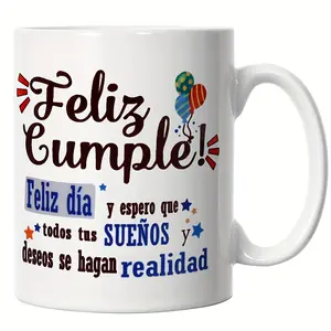 [Made in US] Feliz Cumpleaños Ceramic Coffee Mug, Hand Wash Only, Reusable Insulated Multipurpose Mug with Birthday Wishes Message, for Mom, Dad, Teacher