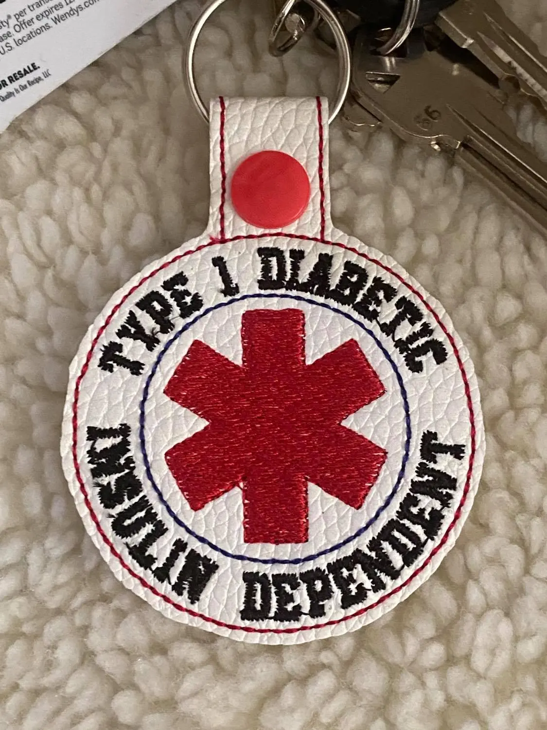 Type 1 Diabetic Insulin Dependent Key Chain/ /Snap Tab Medical ID/ health/ awareness/ safety/ Type 1 Diabetes /alert /school bag/backpack