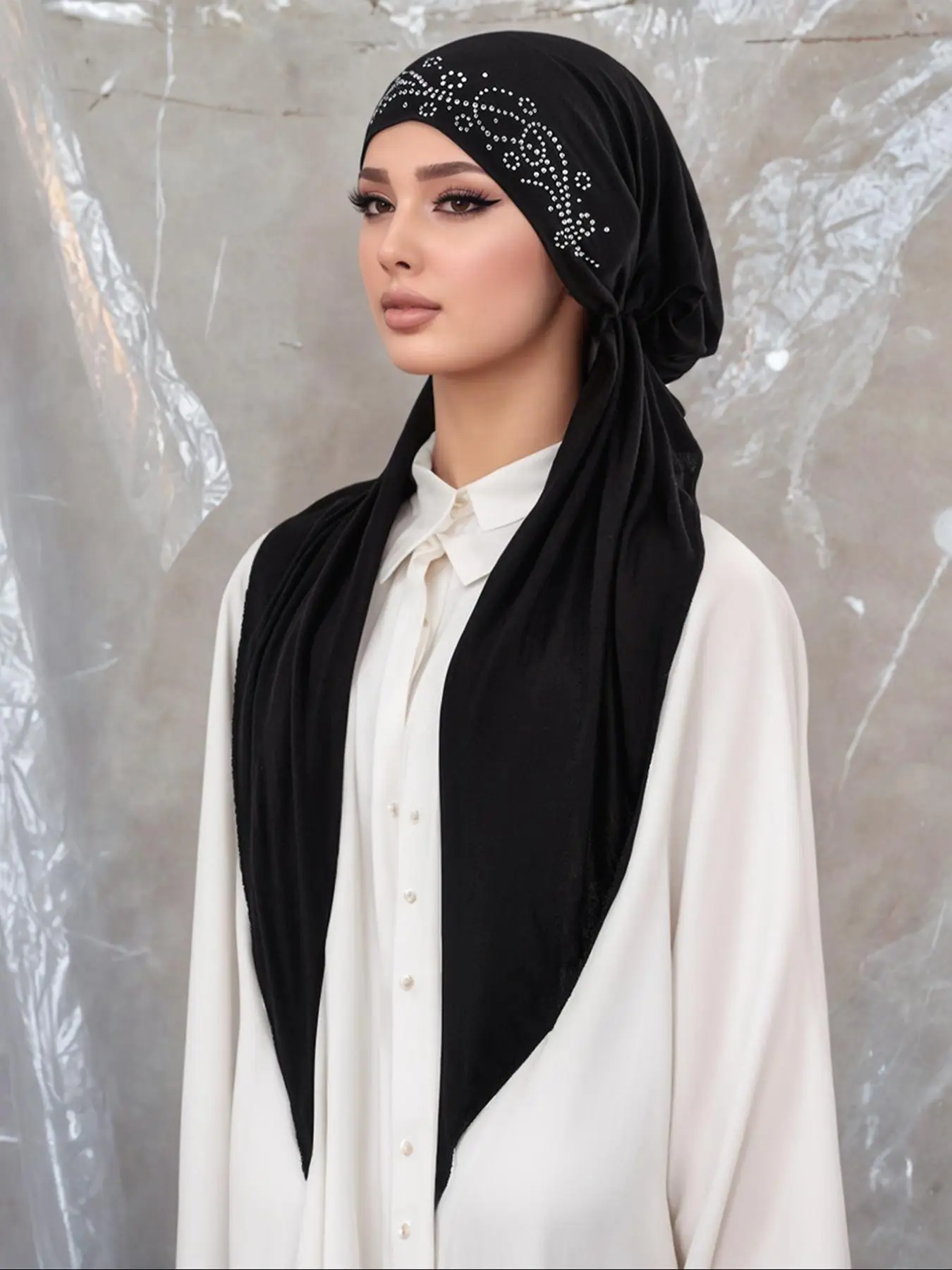 Women's Solid Color Rhinestone Decor Instant Hijab, Fashionable Modest Hijab for Daily Wear, Casual Versatile Soft Comfortable Hijab for Women