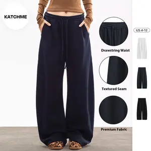 KatchMe Women's Casual Mid-Rise Textured Seam Wide Leg Sweatpants, Basic Drawstring Waist Trousers, Versatile Baggy Streetwear Outfits, Cozy Women's Bottom
