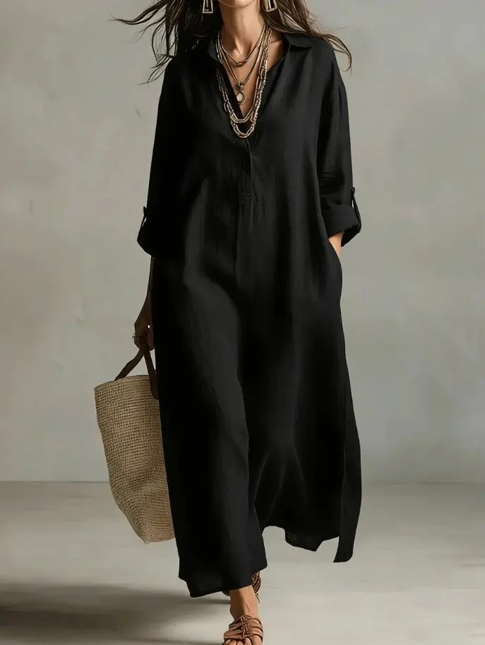Women’s Casual Textured Solid Color Shirt Dress - Turn-Down Collar, Long Sleeves, Drop-Shoulder Loose Fit, Side Pockets, Curve-Concealing, Floor-Length, Outing Wear