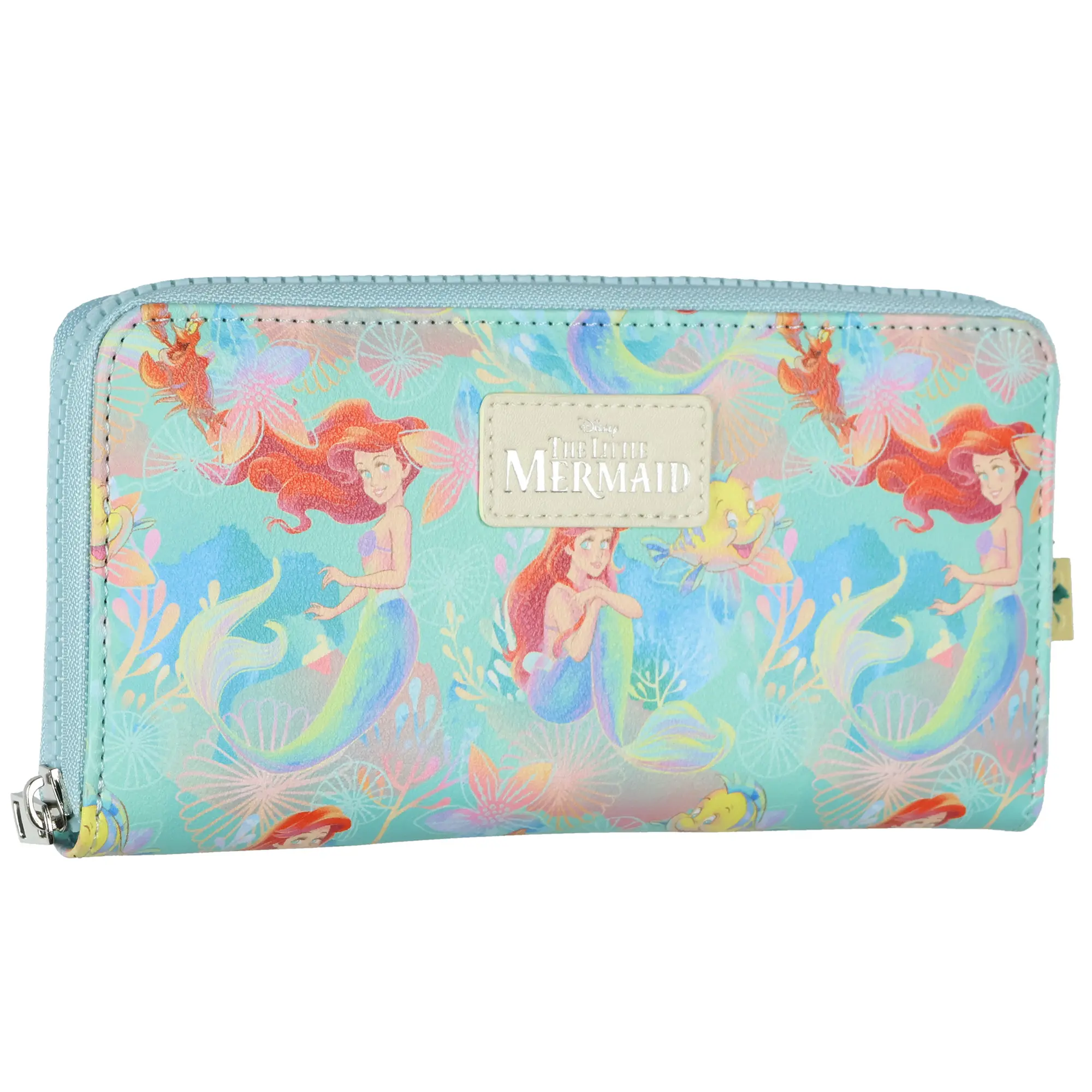 Women's The Little Mermaid Cute Zipper Wallet - Allover Under The Sea Design, Full Zip-Around Faux Leather Clutch with Center Zipper Pocket