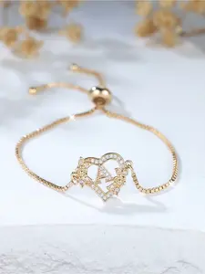 1pc Stylish Golden Heart Shaped Floral Initial Letter Bead Bracelet, Valentine'S Day Gift, Name Bracelet, Alphabet Bracelet, 26 Letters Bracelet, A-Z English Alphabet Bracelet, Minimalist Initial Bracelet, Golden Charm Bracelet Gift, Birthda